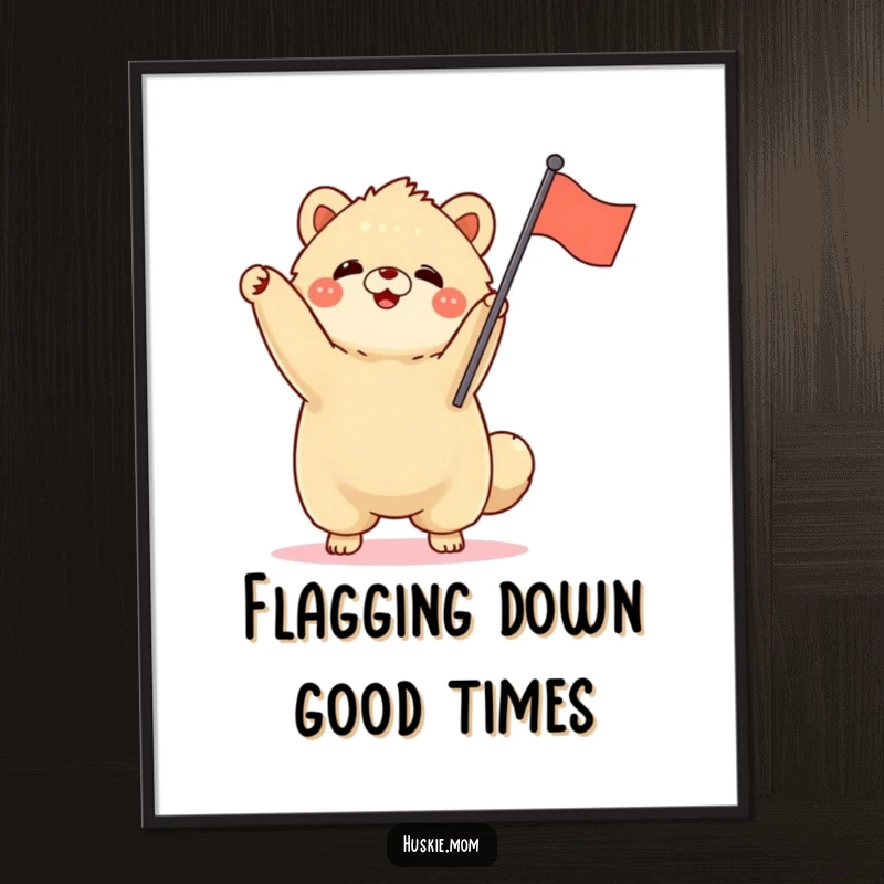Funny Free Printable Wall Art: Fluffy animal standing tall, enthusiastically waving a small flag with a happy spirit.