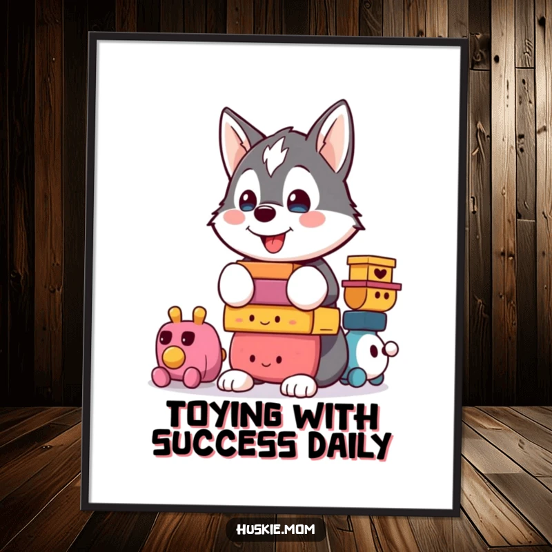 Funny Free Printable wall art of a kawaii husky proudly showcasing a massive, colorful stack of toys, a humorous piece of downloadable art.