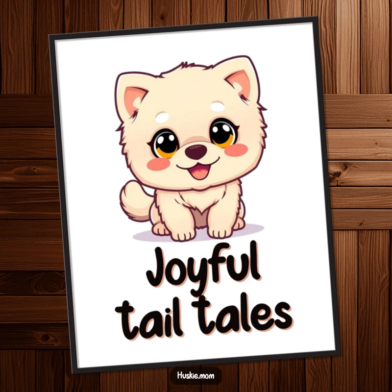 Funny Free Printable Wall Art: A fluffy dog character with large, endearing eyes happily wags its tail with pure delight.