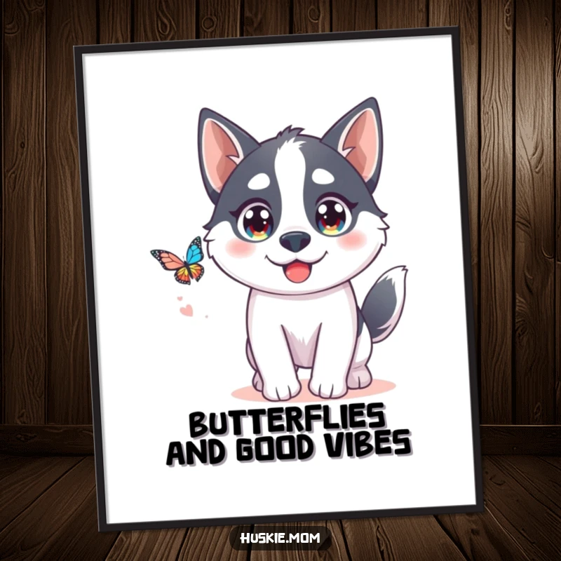 Funny Free Printable Wall Art: A kawaii husky with wide, sparkling eyes joyfully chases a butterfly in flight.