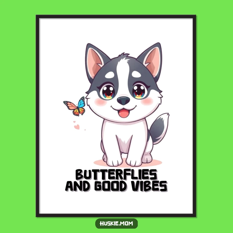 Free Printable Wall Art: Kawaii Husky Butterfly Chase Funny Downloadable Decor