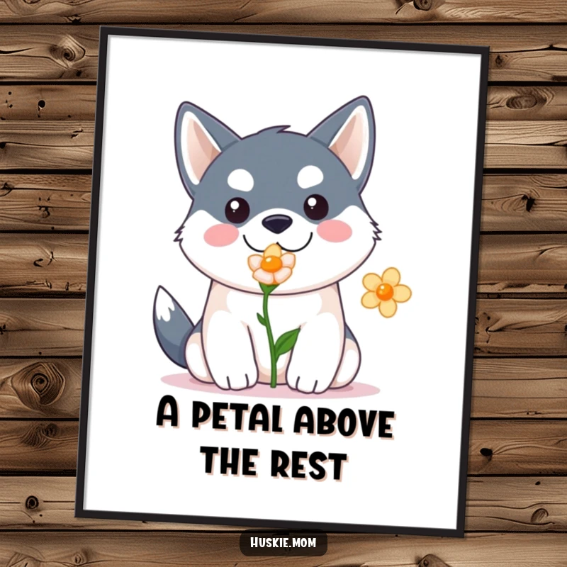 Funny Free Printable Wall Art: A kawaii husky joyfully presents a single perfect flower, adding a touch of cute charm.