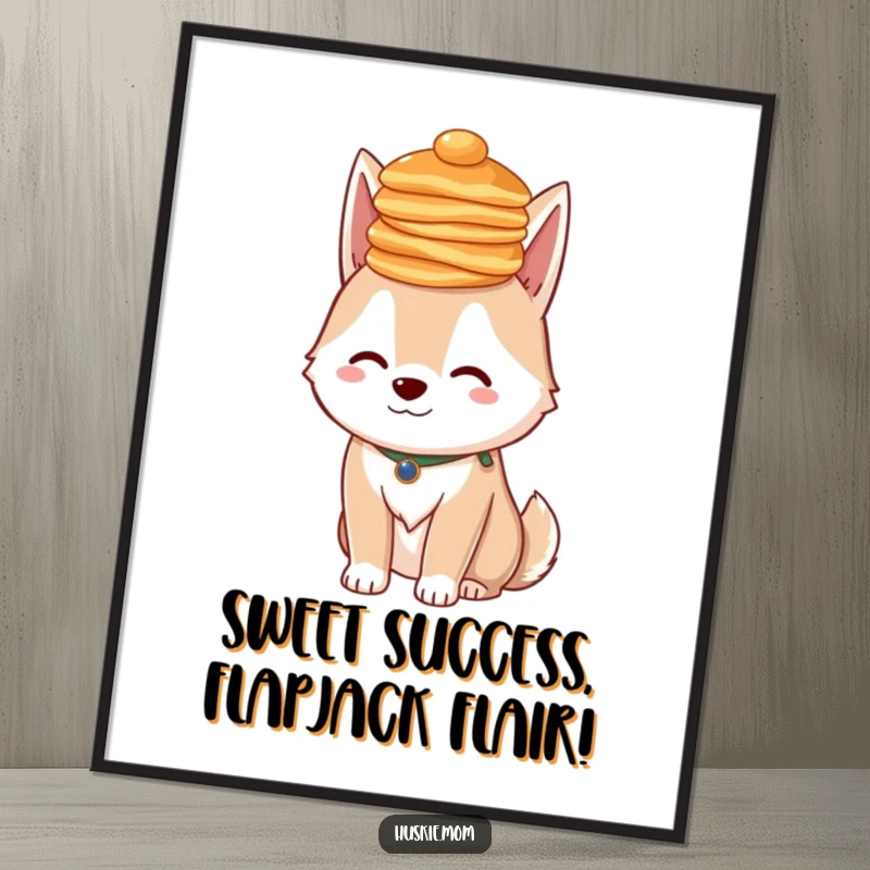 Funny Free Printable Wall Art: Fluffy Husky lady balancing a stack of pancakes on her head, a whimsical animal illustration.