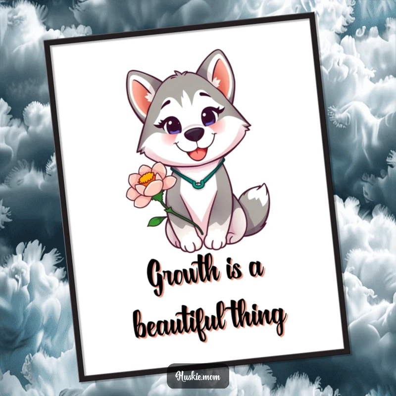 Funny free printable wall art: a proud husky lady smiling brightly, holding a vibrant blooming flower.