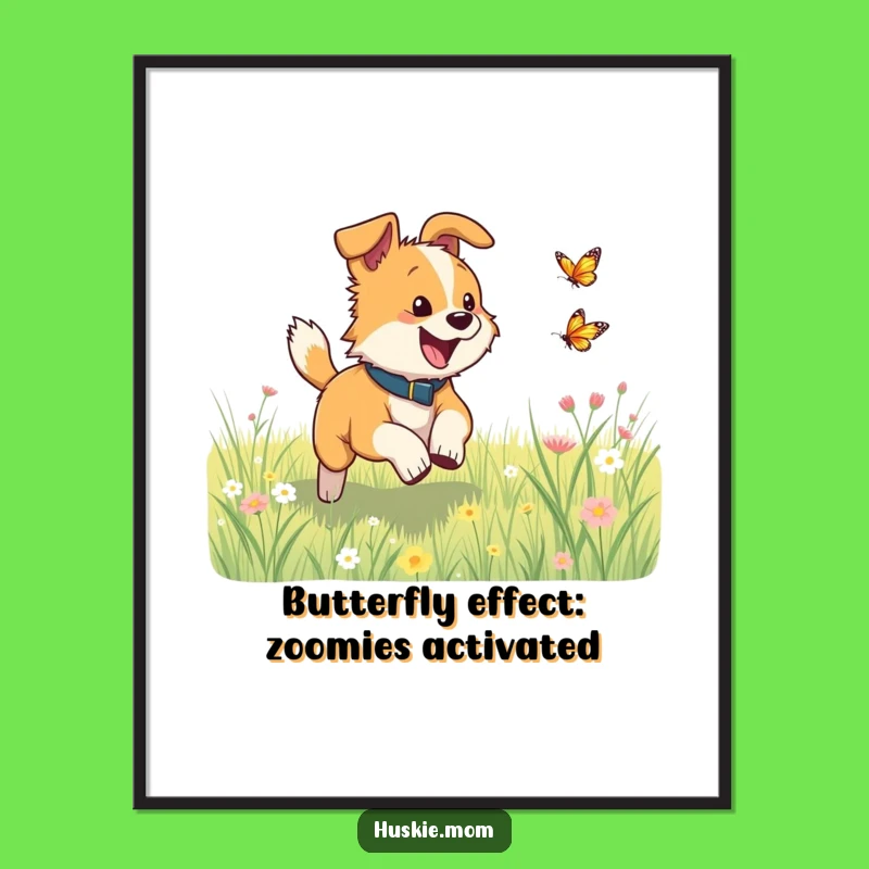 Fun Free Printable Wall Art: Dog Butterfly Meadow, Lively Downloadable Decor