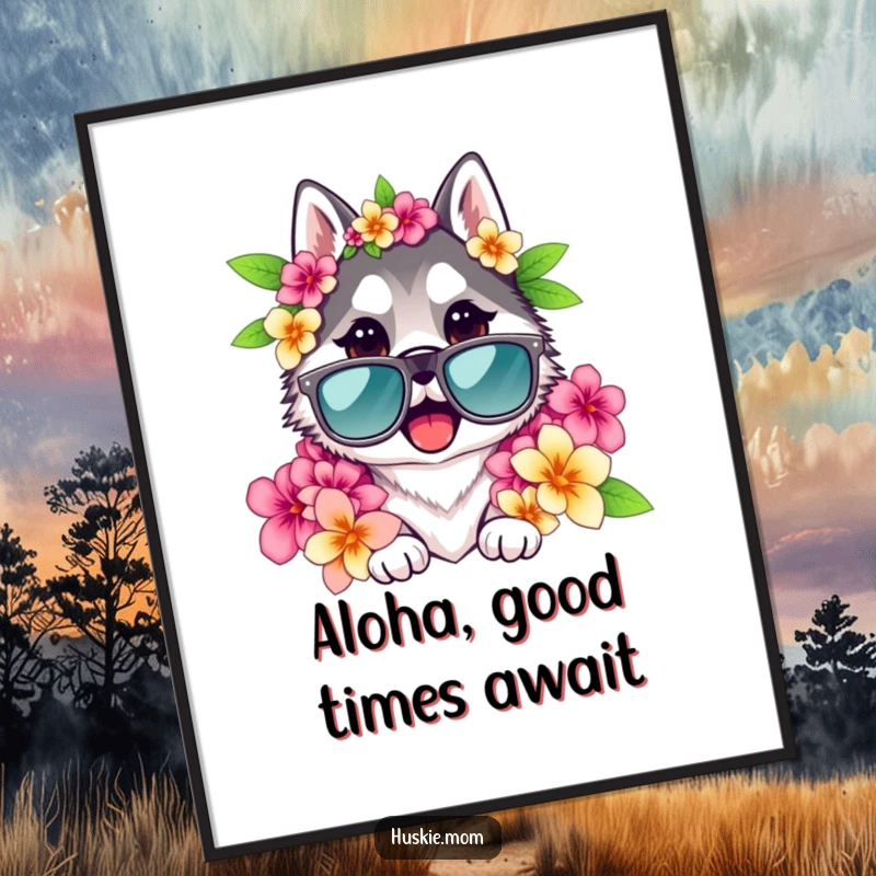 Funny Free Printable wall art of a husky lady chilling in oversized sunglasses and a floral lei, exuding cool island vibes.