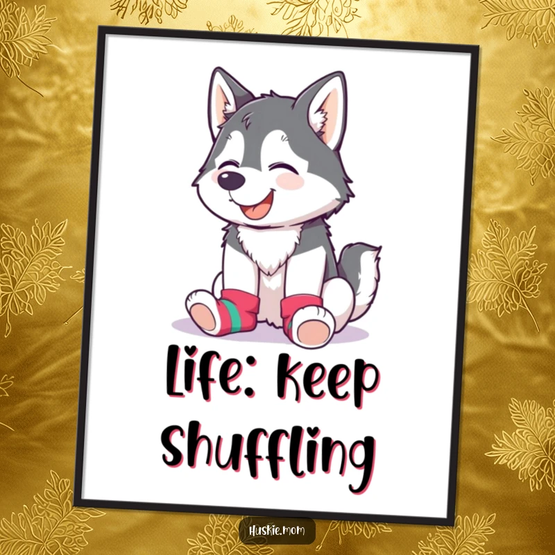 Funny Free Printable wall art of a husky lady giggling with joy while sporting a pair of creatively mismatched colorful socks.