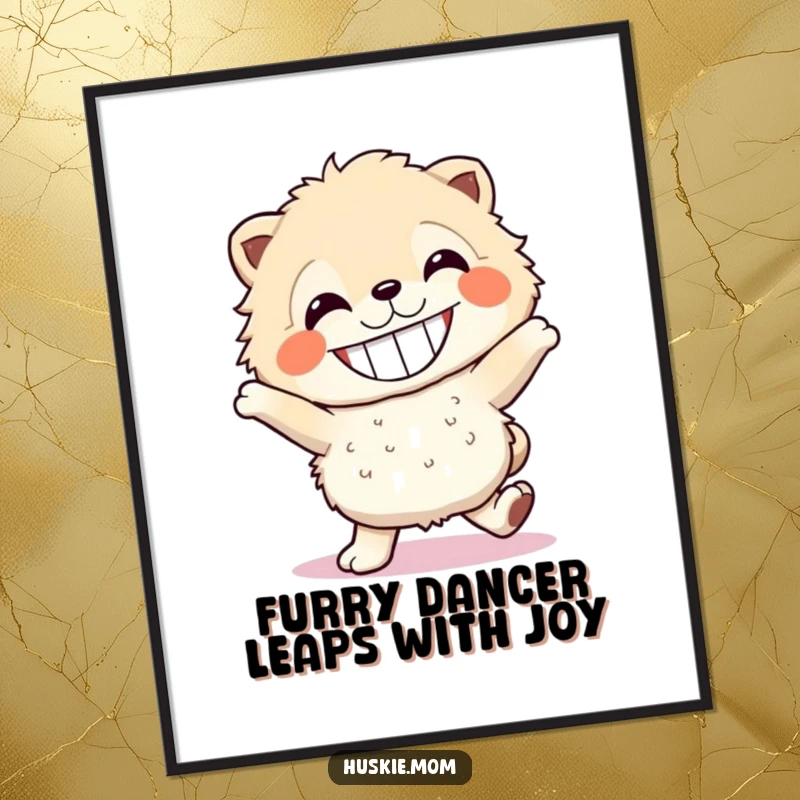 Funny Free Printable Wall Art: Fluffy animal with a wide toothy grin, mid-dance step, radiating pure, contagious energy.