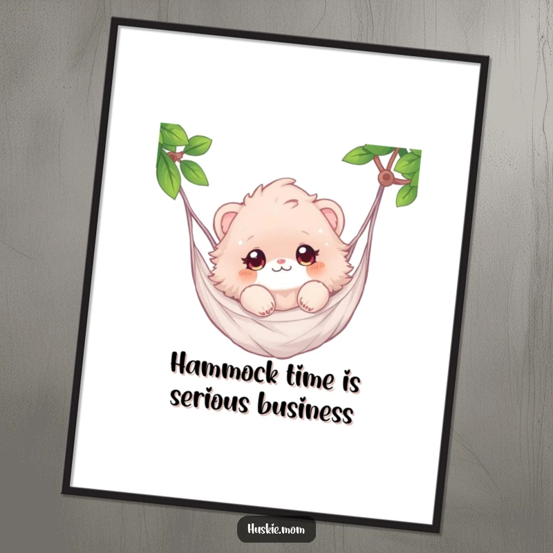 Funny Free Printable Wall Art of a fluffy animal relaxing in a hammock, sparkling eyes, embodying pure, humorous tranquility.
