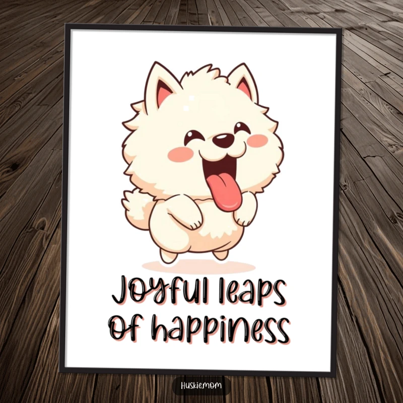 Funny Free Printable Wall Art of a fluffy animal joyfully barking and leaping mid-air with its tongue out.
