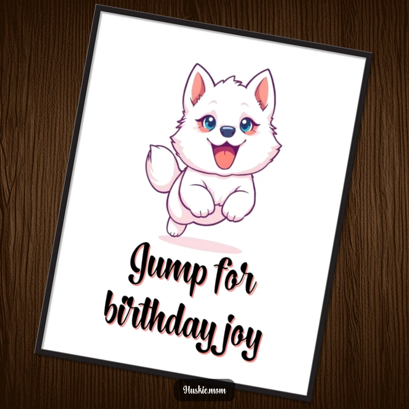 Funny Free Printable Wall Art: A white husky puppy with big blue eyes joyfully leaps with a floppy ear flying.