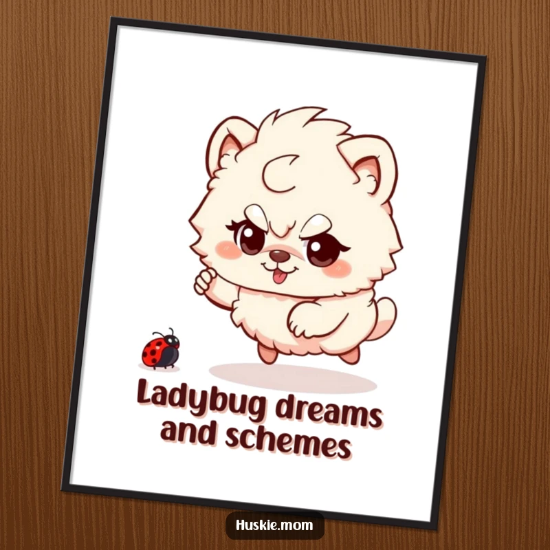 Funny Free Printable Wall Art: A cute, fluffy animal with a mischievous glint in its eyes playfully chases a small ladybug across a vibrant field.