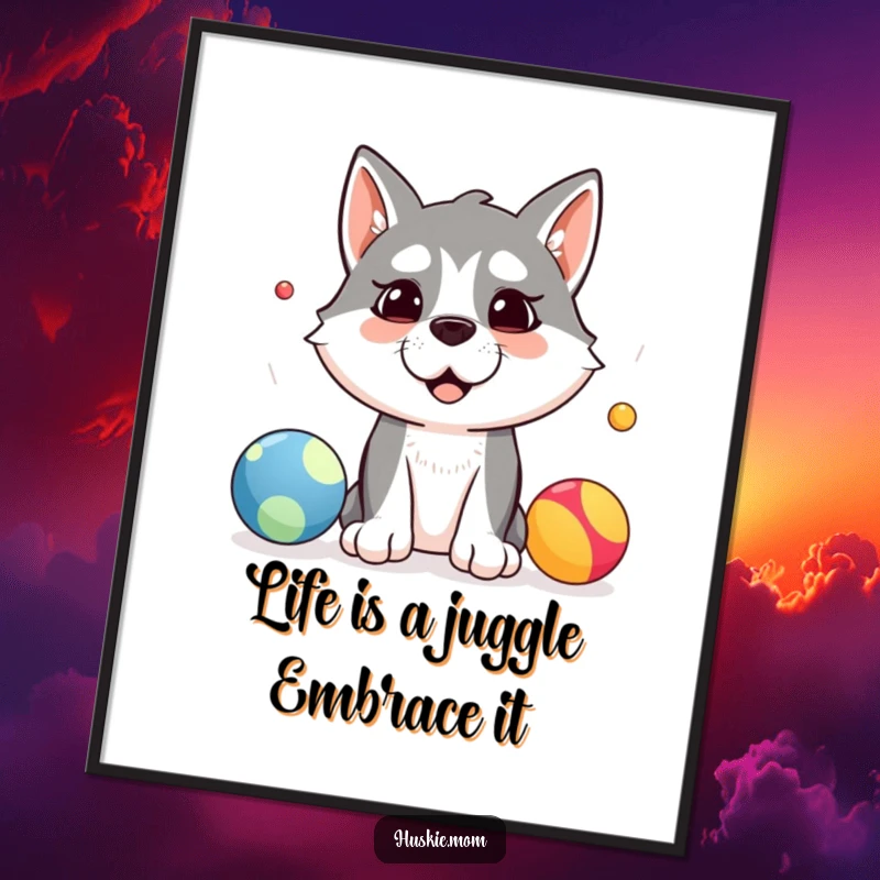 Funny Free Printable Wall Art: A husky with a comical expression attempts to juggle multiple balls, capturing the essence of playful chaos.