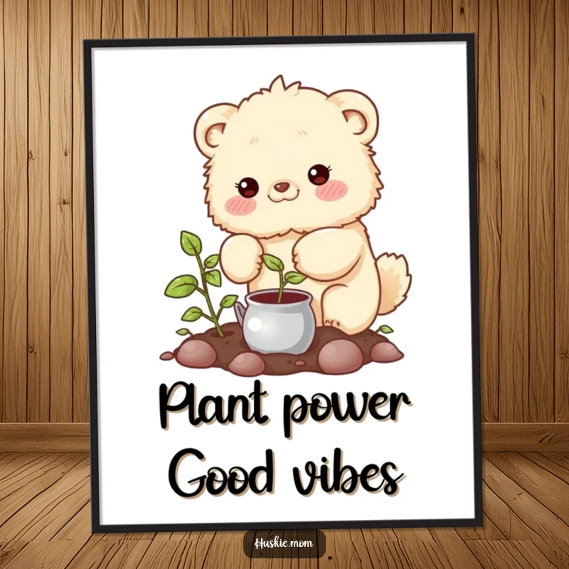 Funny Free Printable Wall Art: A fluffy animal with rosy cheeks carefully watering a small plant, conveying care, downloadable.
