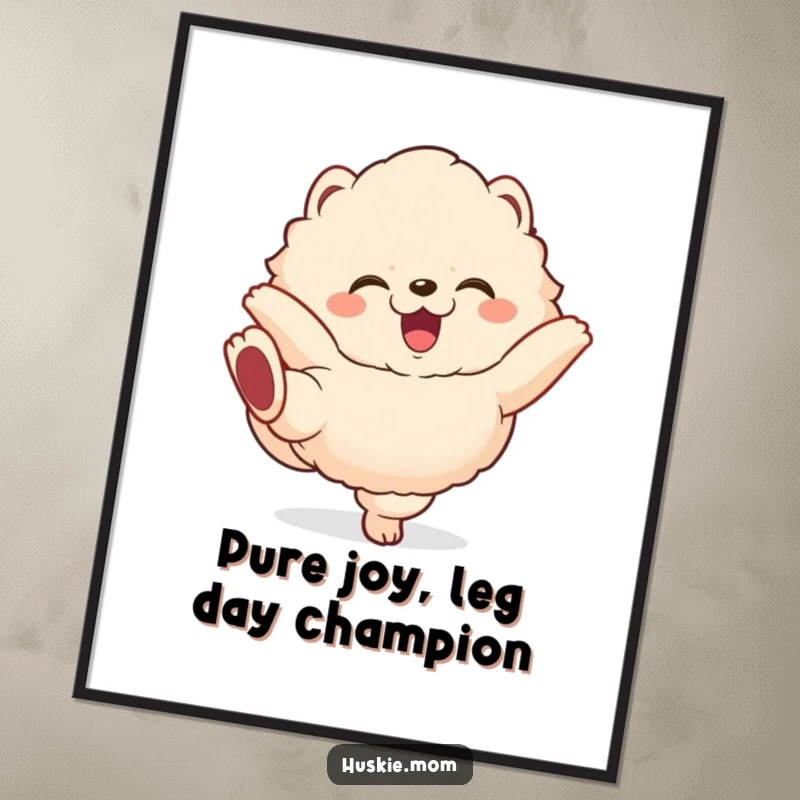 Funny Free Printable Wall Art: Fluffy animal with gleeful expression, kicking legs happily, energetic, perfect downloadable art.