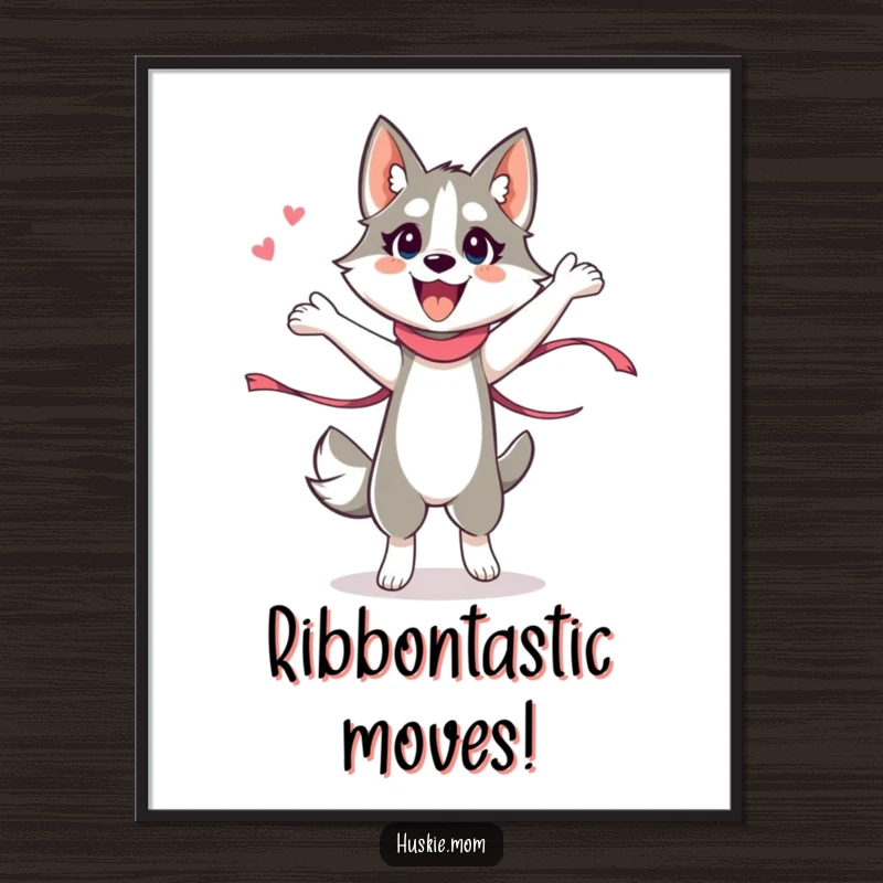 Funny free printable wall art: an energetic husky lady in a hilarious dance pose with swirling ribbons.