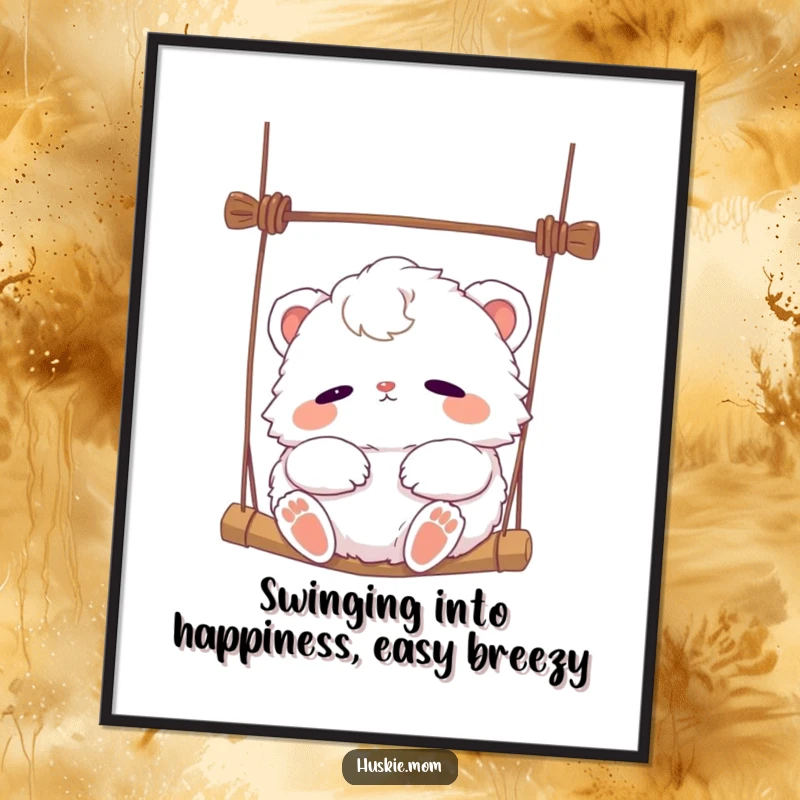 Funny Free Printable Wall Art: A fluffy animal relaxes contentedly in a gentle breeze while swinging, evoking peace and calm.