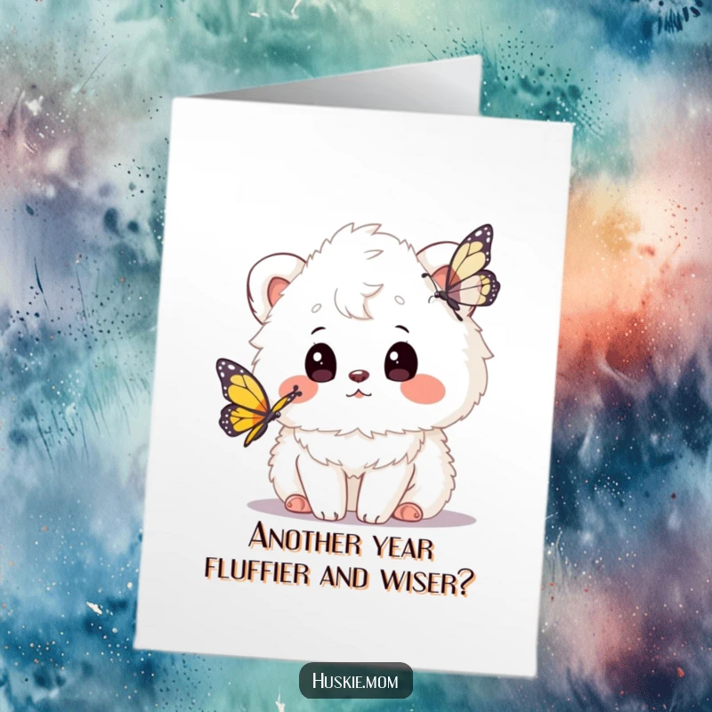 Funny Free Printable Birthday Card: Fluffy Animal Tilts Head Curiously Watching a Butterfly Flutter by.