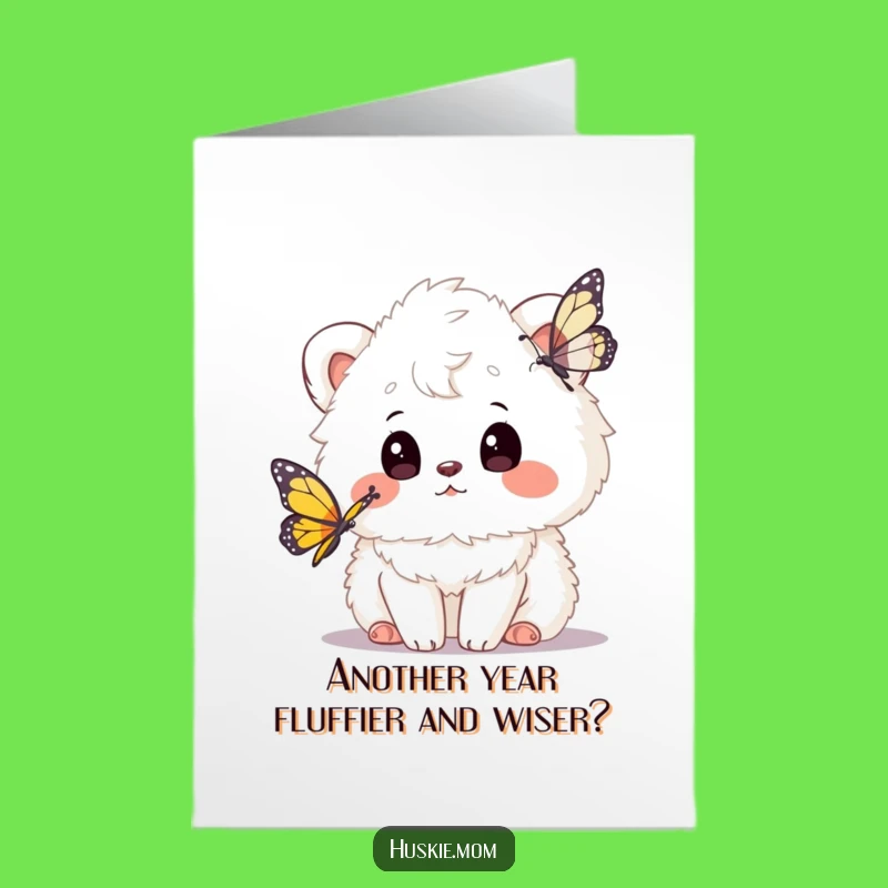 Free Printable Birthday Card: Curious Fluffy Animal Watches Butterfly - Fun Download