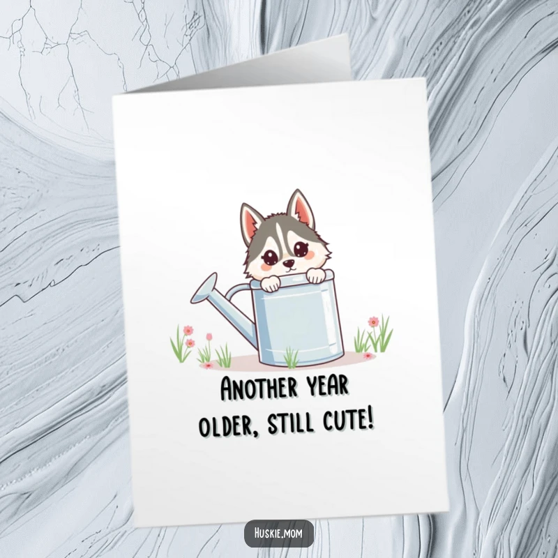 Funny free printable birthday card of a husky lady peeking mischievously from behind a giant watering can, ready to celebrate.