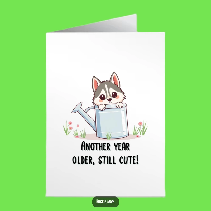 Free Printable Birthday Card: Funny Husky Lady & Watering Can Downloadable Greeting