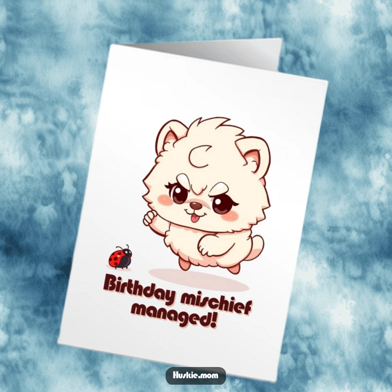 Funny Free Printable Birthday Card: A fluffy animal with a sly, mischievous look playfully stalks a tiny ladybug in the grass.
