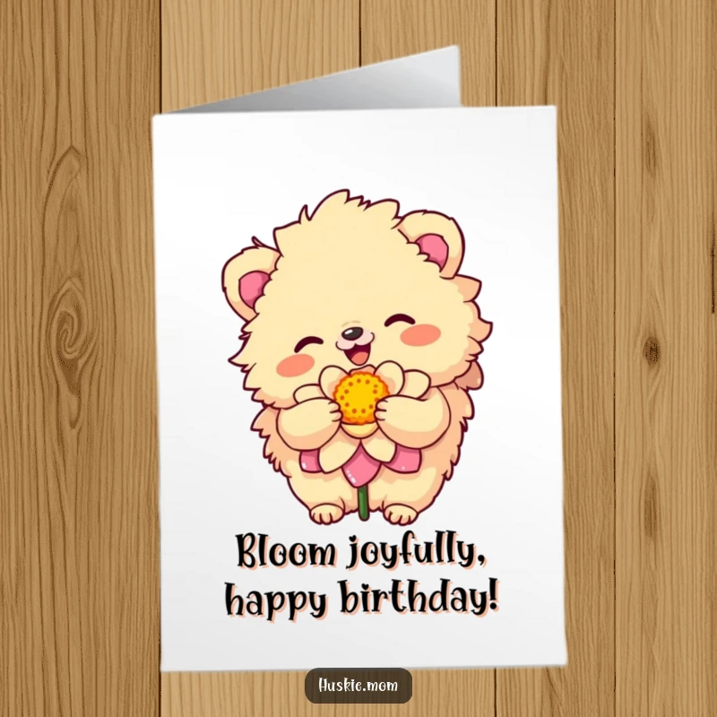 Funny Free Printable Birthday Card: A sunny, happy fluffy animal affectionately embracing a bright, colorful flower