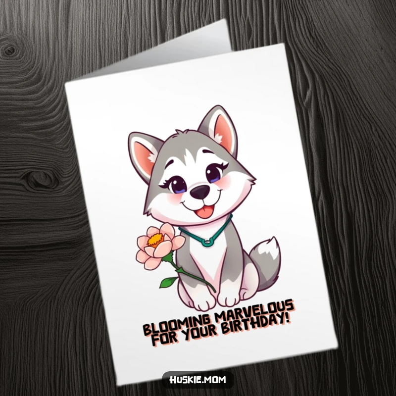 Funny free printable birthday card: a proud husky lady smiling joyfully while holding a beautiful blooming flower.