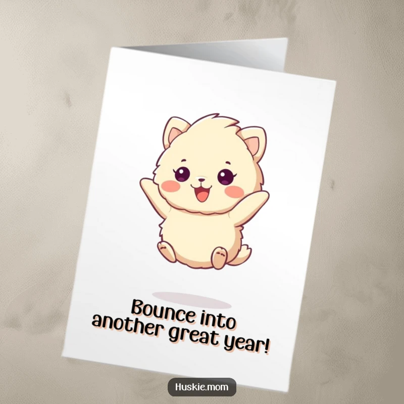 Funny Free Printable Birthday Card: A Fluffy Animal Jumps with Pure Delight and Excitement.