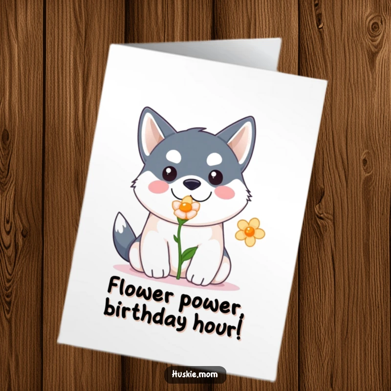 Funny Free Printable Birthday Card: Cute husky cheerfully offers a single flower, embodying pure joy for a special occasion.