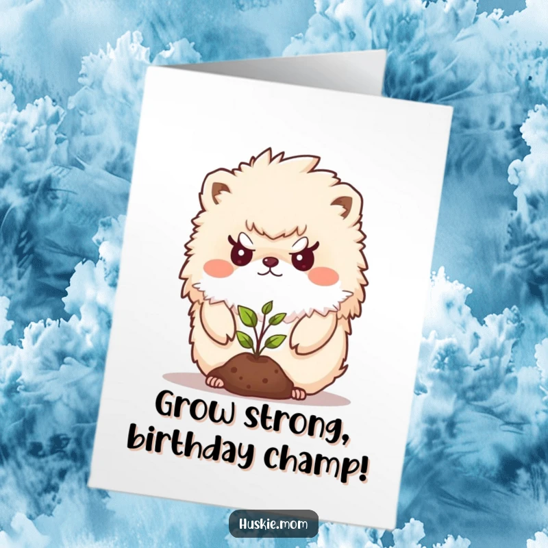 Funny Free Printable Birthday Card: Determined fluffy animal protectively shielding a tiny green seedling with a serious expression