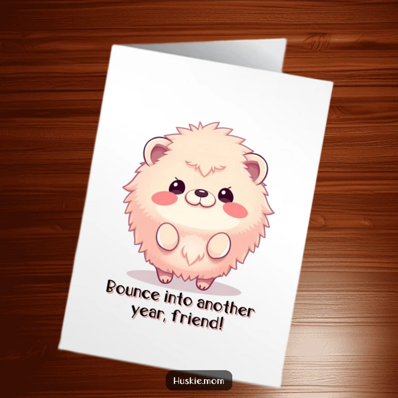 Funny Free Printable Birthday Card: A fluffy animal joyfully bouncing with infectious energy, ready to celebrate your special day.
