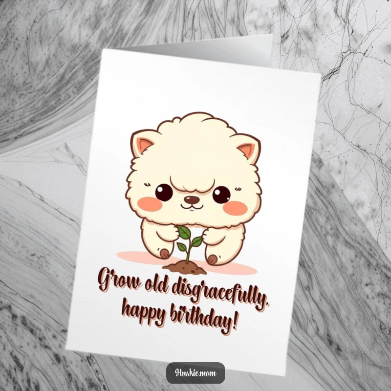 Funny Free Printable Birthday Card: A fluffy animal with a determined look plants a tiny seed, symbolizing growth and new beginnings.