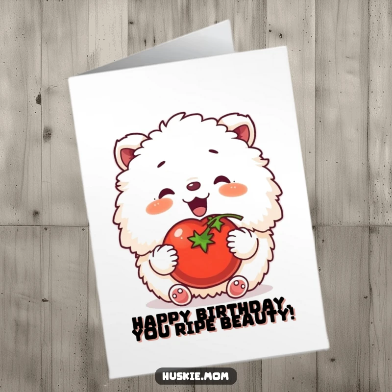 Funny Free Printable Birthday Card: Fluffy animal with a happy sigh gently patting a big, ripe red tomato.