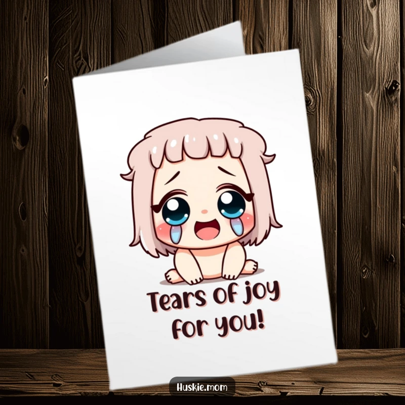 Funny Free Printable Birthday Card: Character with exaggerated happy tears streaming down their face, pure joy, perfect Downloadable Gift.