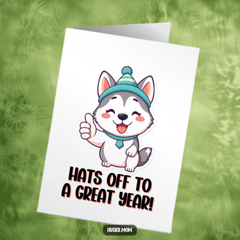 Funny Free Printable Birthday Card: Kawaii husky in a funny hat, giving a thumbs up, radiating birthday cheer.