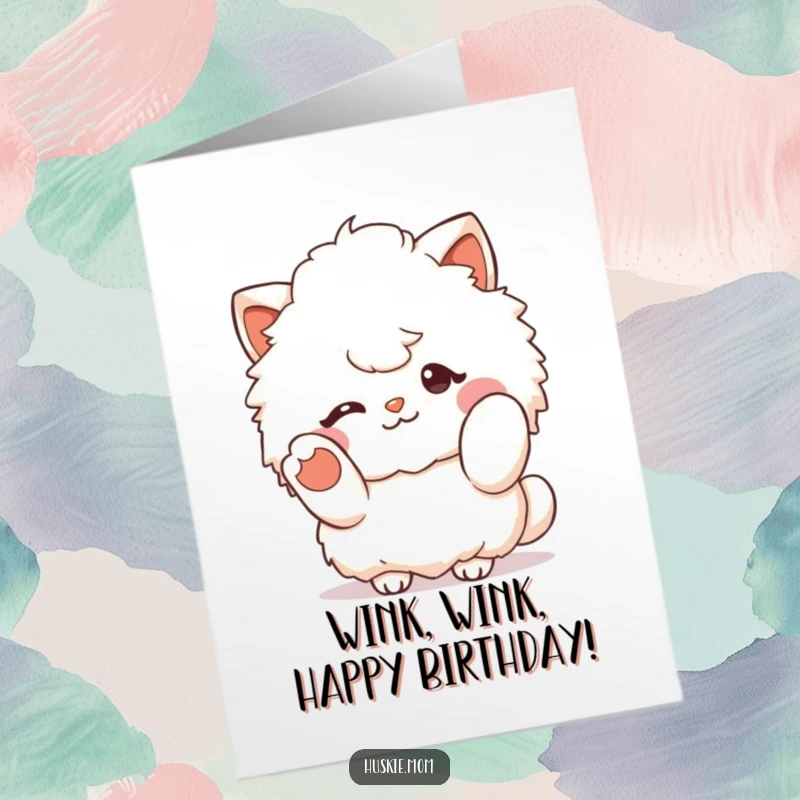 Funny Free Printable Fluffy Character Birthday Card: Adorable fluffy character winking and gesturing with a paw playfully.