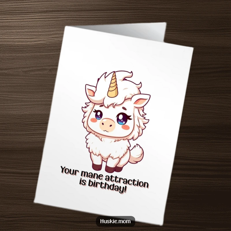 Funny Free Printable Birthday Card: Mischievous fluffy animal proudly tossing its mane with a cheeky grin, ready for fun.