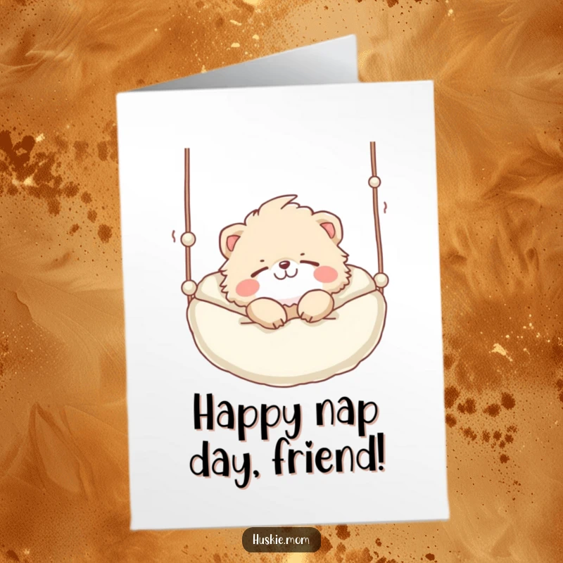 Funny Free Printable Birthday Card: A fluffy animal playfully grinning while snoozing in a suspended bed, downloadable.