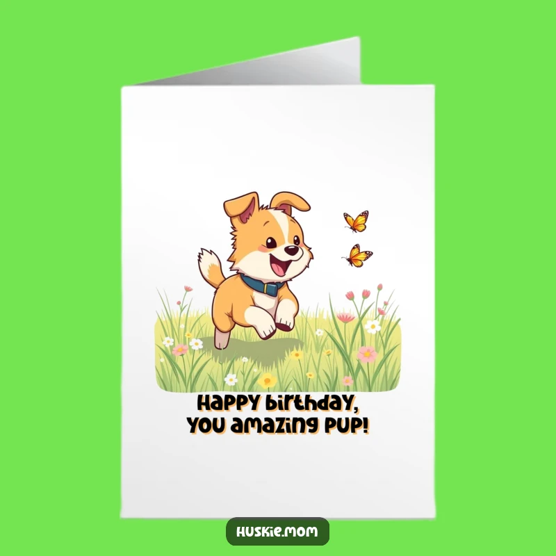 Free Printable Birthday Card: Joyful Dog Butterfly Chase, Fun Downloadable Gift