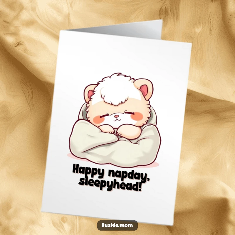 Funny Free Printable Birthday Card: Fluffy animal napping peacefully, looking utterly relaxed in a pile of soft fabric.