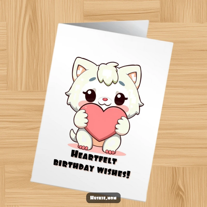 Funny Free Printable Birthday Card: A character tenderly holding a large, cheerful heart with both paws, full of love.
