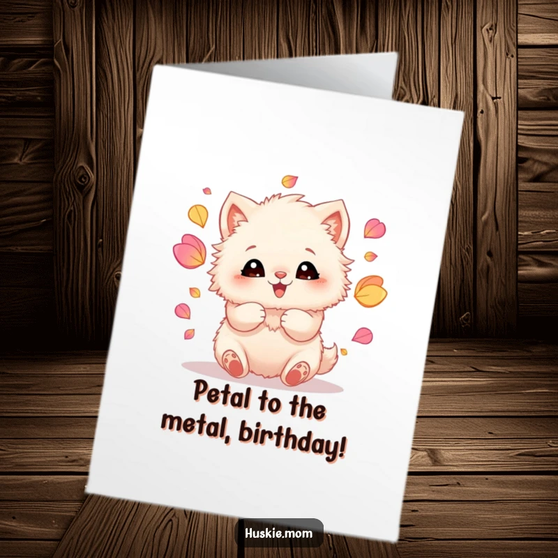 Funny Free Printable Birthday Card: Fluffy animal joyfully juggles colorful petals, paws in motion, eyes sparkling with delight.