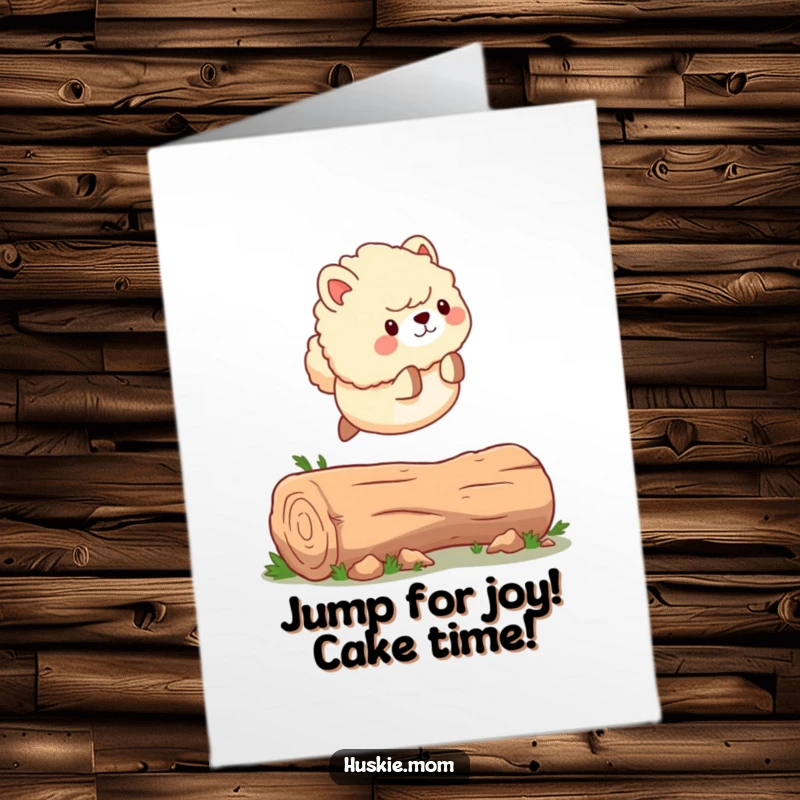 Funny Free Printable Birthday Card: A fluffy animal with a wagging tail joyfully leaping over a log, downloadable fun.