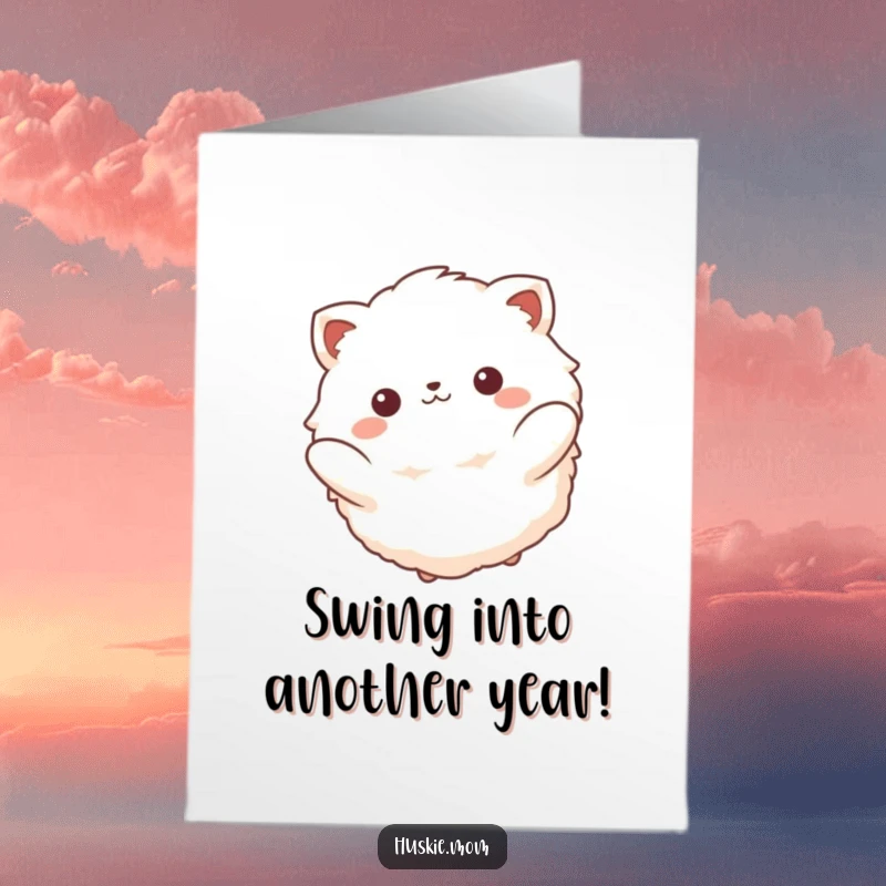 Funny Free Printable Birthday Card: Fluffy animal with a beatific smile gently swings, radiating peace and joy.
