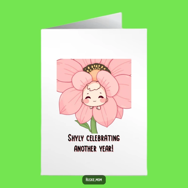 Free Printable Birthday Card: Shy Grin Flower Character Funny Downloadable Gift