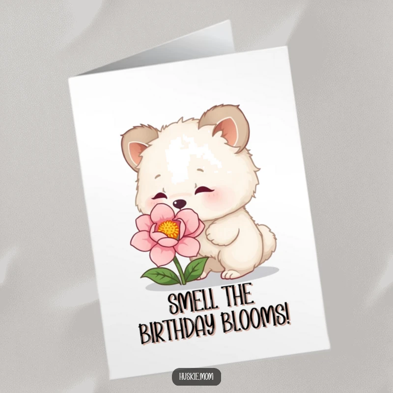 Funny Free Printable Birthday Card: Curious fluffy animal hilariously sniffing a blooming flower with intense focus.