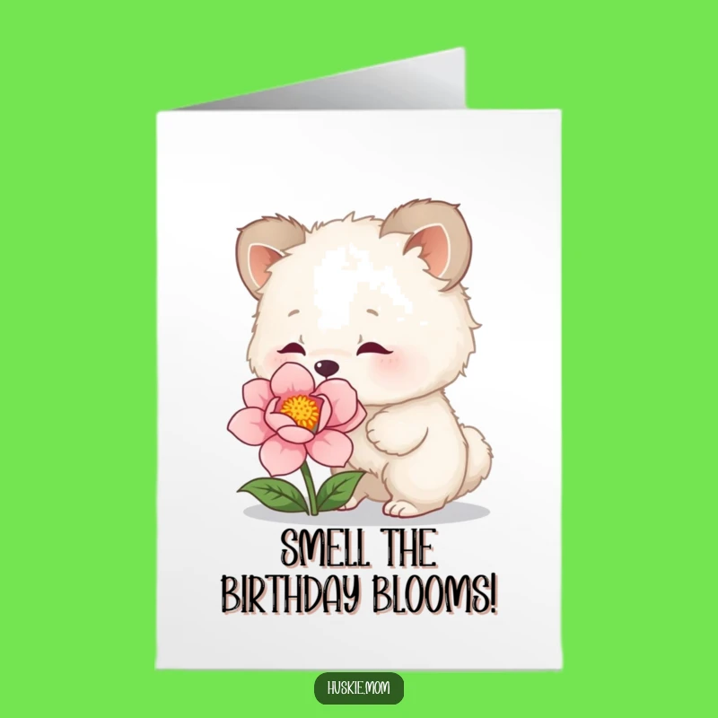 Free Printable Birthday Card: Curious Fluffy Animal Flower Sniff Fun Downloadable Gift