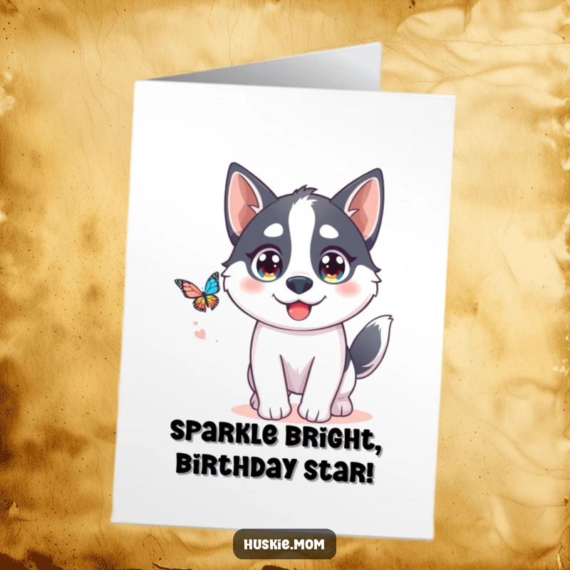 Funny Free Printable Birthday Card: Adorable kawaii husky with sparkling eyes playfully chases a colorful butterfly.