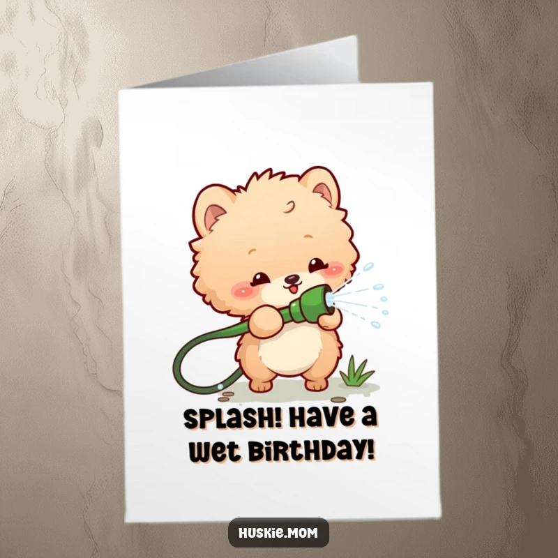 Funny Free Printable Birthday Card: A fluffy animal playfully tugs a garden hose, sending a spray of water for a fun birthday.